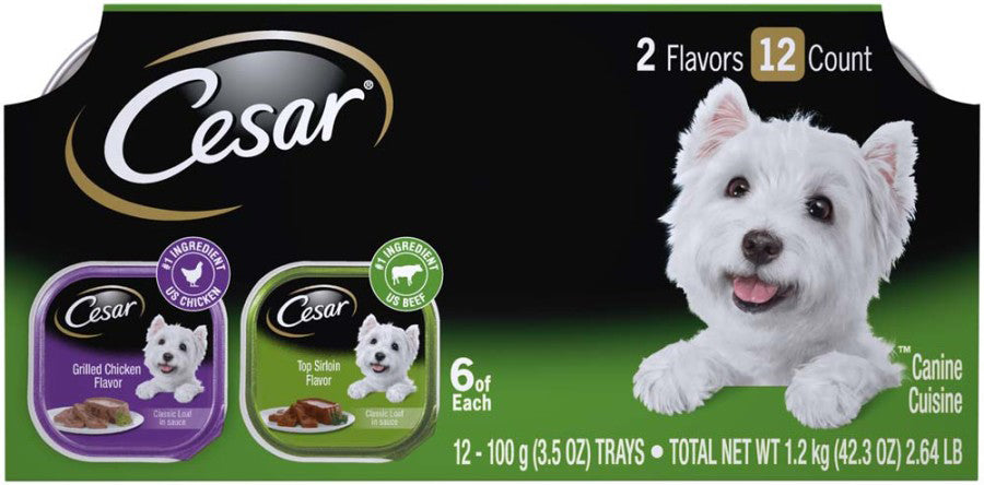 Cesar Classic Loaf in Sauce Adult Wet Dog Food Variety Pack (Grilled Chicken, Top Serloin) 2ea/42,3 oz, 12 pk