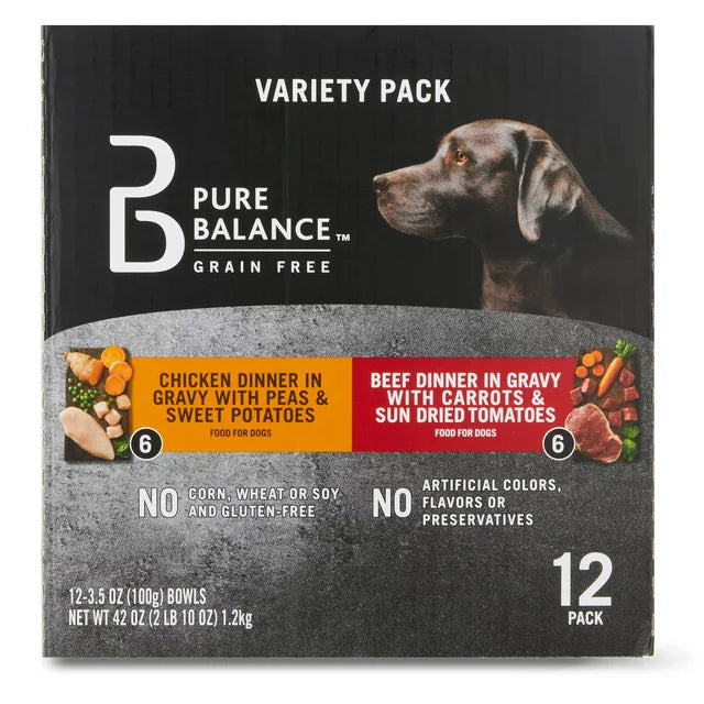 Pure Balance Chicken Dinner & Beef Dinner Wet Dog Food Variety Pack, 3.5 oz Bowls (12 Pack)