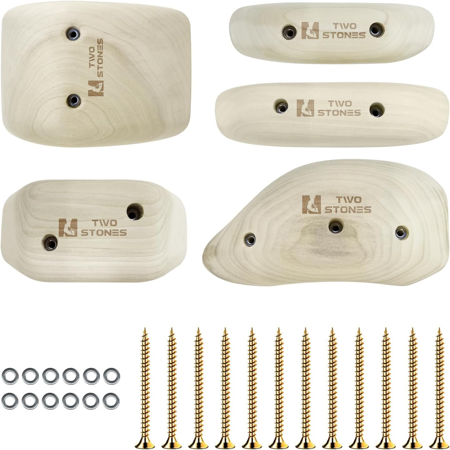 TWO STONES Wooden Rock Climbing Holds for Adults | Wood Rock Wall Climbing Holds | Variety Screw On Climbing Hold Grips Set with Mounting Hardware (HD5in1-B)