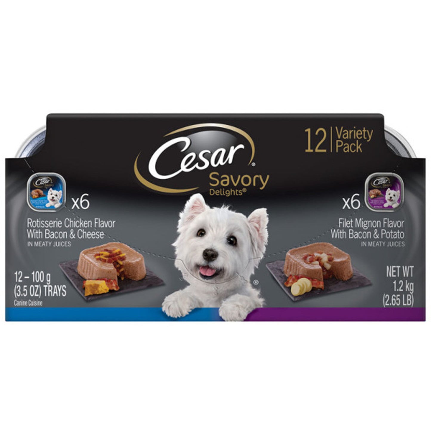 Cesar Loaf & Topper in Sauce Adult Wet Dog Food Variety Pack (Rotisserie Chicken, Filet Mignon) 2ea/3,5 oz, 12 pk