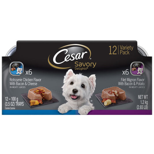 Cesar Loaf & Topper in Sauce Adult Wet Dog Food Variety Pack (Rotisserie Chicken, Filet Mignon) 2ea/3,5 oz, 12 pk