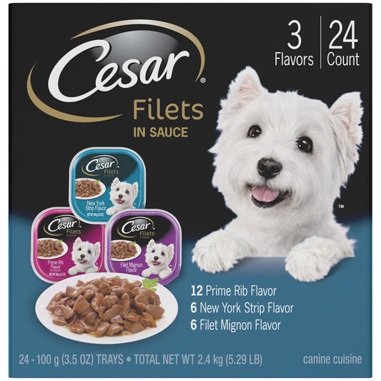 Cesar Filets in Gravy Adult Wet Dog Food Variety Pack (Prime Rib, Filet Mignon, New York Strip) 1ea/3,5 oz, 24 pk
