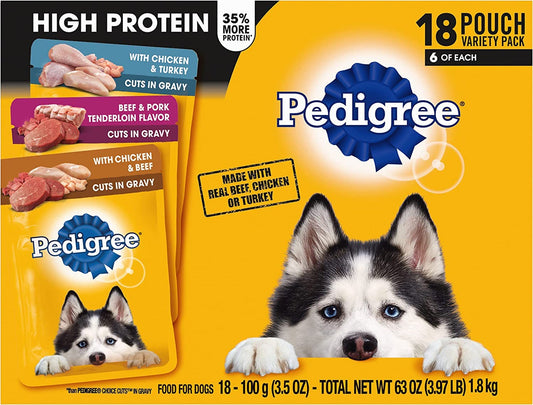 Pedigree High Protein Adult Wet Dog Food Pouch Variety Pack 1ea/3,5 oz, 18 ct
