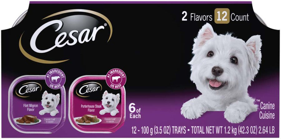 Cesar Classic Loaf in Sauce Adult Wet Dog Food Variety Pack (Filet Mignon, Porterhouse Steak) 2ea/42,3 oz, 12 pk