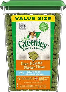 Greenies Feline Adult Natural Dental Cat Treats, Oven Roasted Chicken Flavor, 9.75 oz. Tub