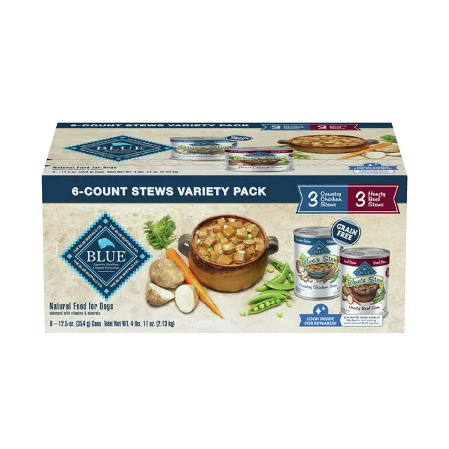 Blue Buffalo Blue's Stew Chicken & Beef In Gravy Wet Dog Food Variety Pack for Adult Dogs, Grain-Free, 12.5 oz. Cans (6 Pack)
