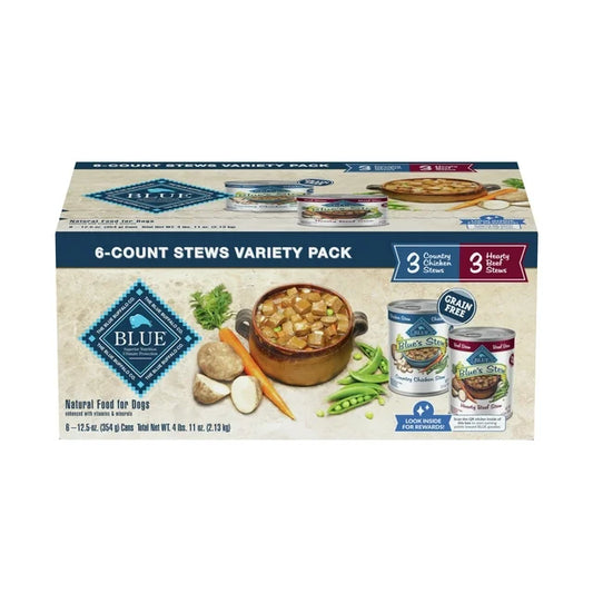 Blue Buffalo Blue's Stew Chicken & Beef In Gravy Wet Dog Food Variety Pack for Adult Dogs, Grain-Free, 12.5 oz. Cans (6 Pack)