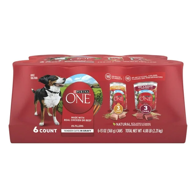 Purina ONE High Protein Wet Dog Food Soft Cuts in Gravy, Real Chicken & Beef, 13 oz Cans (6 Pack)