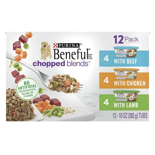 Purina Beneful Wet Dog Food Chopped Blends High Protein Variety Pack, Real Lamb, Beef & Chicken, 10 oz Tubs (12 Pack)