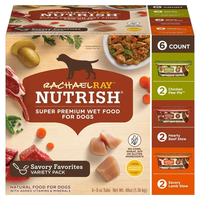 Rachael Ray Nutrish Natural Premium Wet Dog Food, Savory Favorites Variety Pack, 8 oz. Tub (Pack of 6)