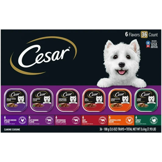 Cesar Classic Loaf In Sauce Wet Dog Food Variety Pack, 3.5 oz Trays (36 Pack)