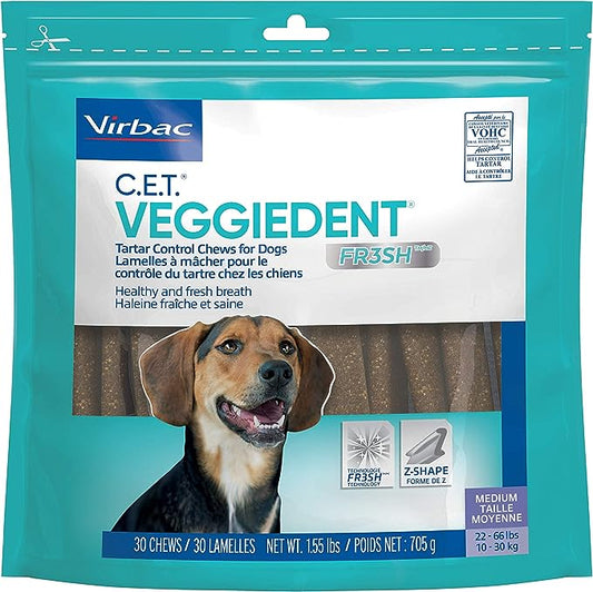 Virbac CET Veggiedent FR3SH Tartar Control Chews for Dogs, Medium (Pack of 30)Beef,1.6 pounds