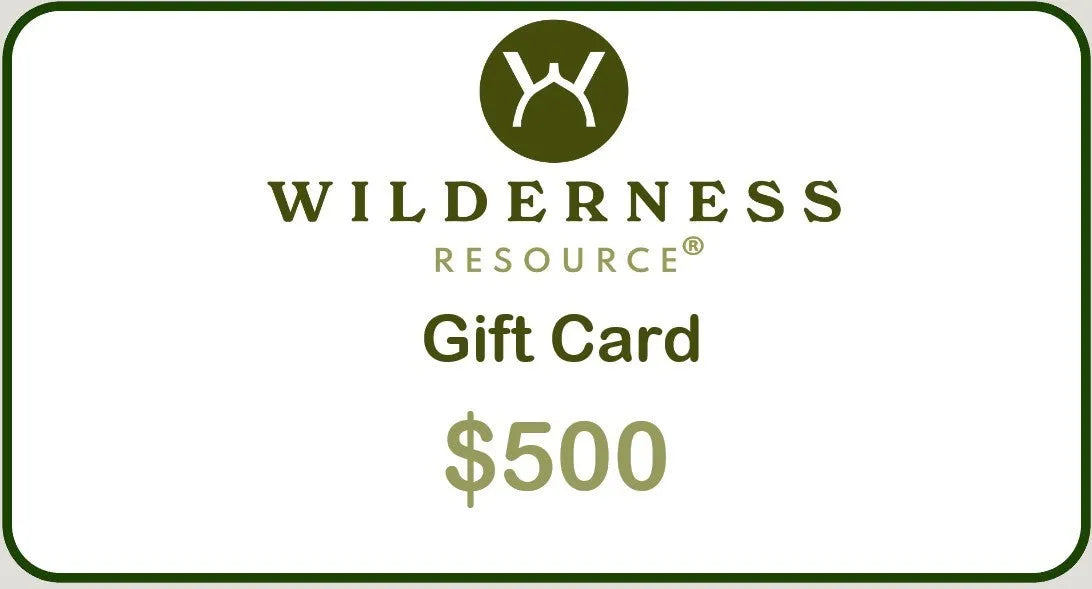 A variety of Wilderness Resource gift cards, with values ranging from $25 to $1000, catering to different needs of camping aficionados.