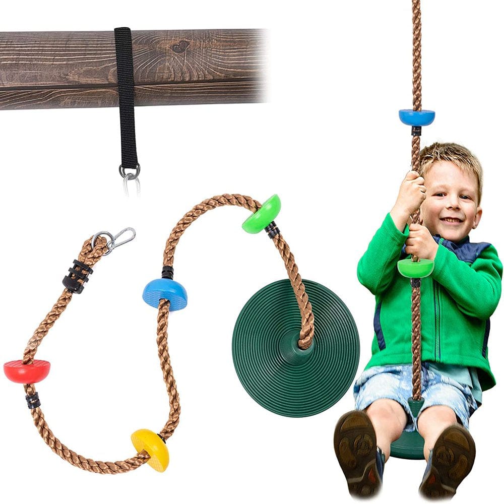 Bibana 6.5 Ft Kids Climbing Rope Tree Swing Seat Set with Platforms & Disc Outdoor Swing Seat Including Hanging Strap & Locking Carabiner