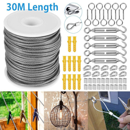 Miuline 30M 2Mm Convenient Stainless Steel Wire Rope Cable Hooks Hanging Kit Tent Rope Stainless Steel Cable Kit for Tensioner