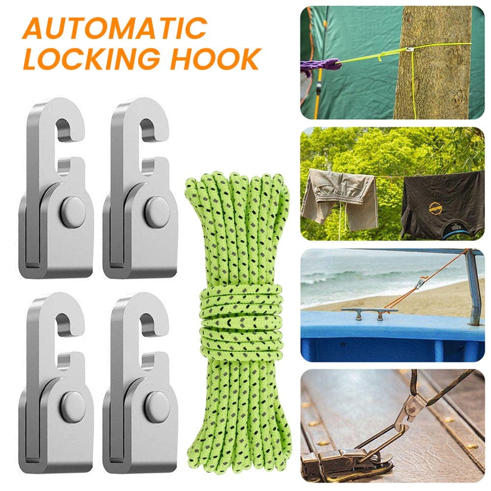 Niyofa 4Pcs Mini Self Locking Hook Small and Portable Rope Hook Multifunction Self Locking Hook Tent Easy Fit Rope Kit Accessories Suitable for Outdoor Camping Hanging Clothes Fishing