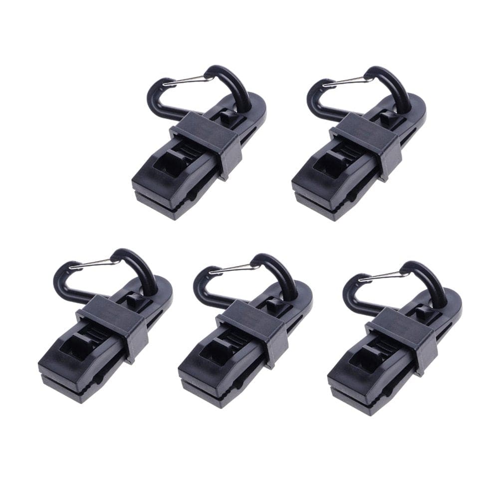 NUOLUX 5 Pcs Tents Clamps Multifunctional Awning Wind Rope Buckle Awnings Plastic Clips Tent Tightener with D Ring for Outdoor Camping (Black)